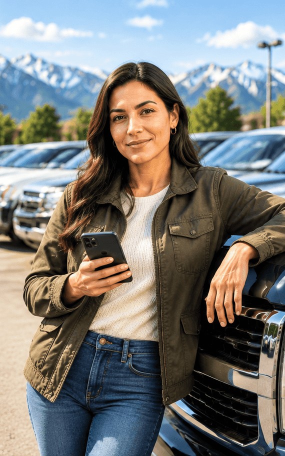 A buyer checking her CaptainWorth report on her phone beside a row of used trucks